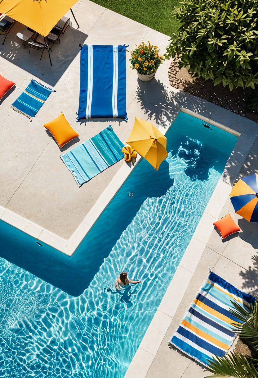 A bright summer scene featuring an inviting swimming pool surrounded by colorful beach towels and swimsuits scattered around, while in the foreground, a playful infographic illustrates a smart comparison of swimwear prices and car insurance quotes. Include splashes of water and sun rays shining down for a lively atmosphere. vibrant colors. super-realistic.