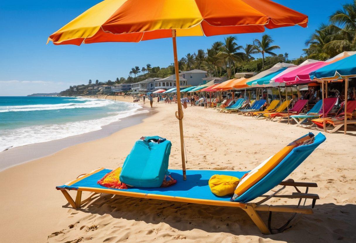 A vibrant beach scene with sunbathers enjoying the sun, showcasing colorful swimwear deals displayed on a stall. In the foreground, a beach umbrella provides shade, while a surfboard leans casually against it. Surrounding the area, a budget-friendly car is parked with a sign suggesting vehicle coverage deals. The sky is a bright blue, and the ocean waves gently lap at the shore. cartoonish style. bright colors. playful ambiance.